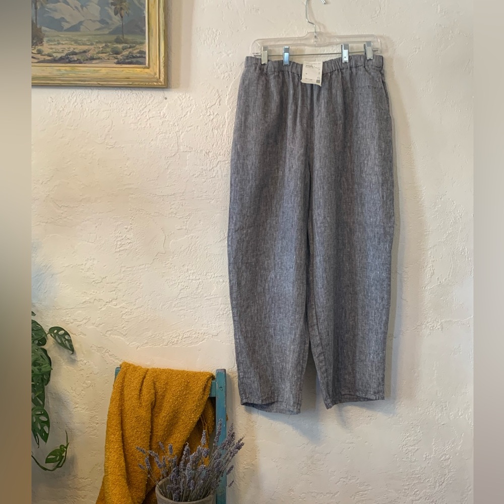 FLAX NWT LINEN PANTS FLOOD CROP SZ MED LANTERN TAPERED BLACK CROSS-DYE LAGENLOOK